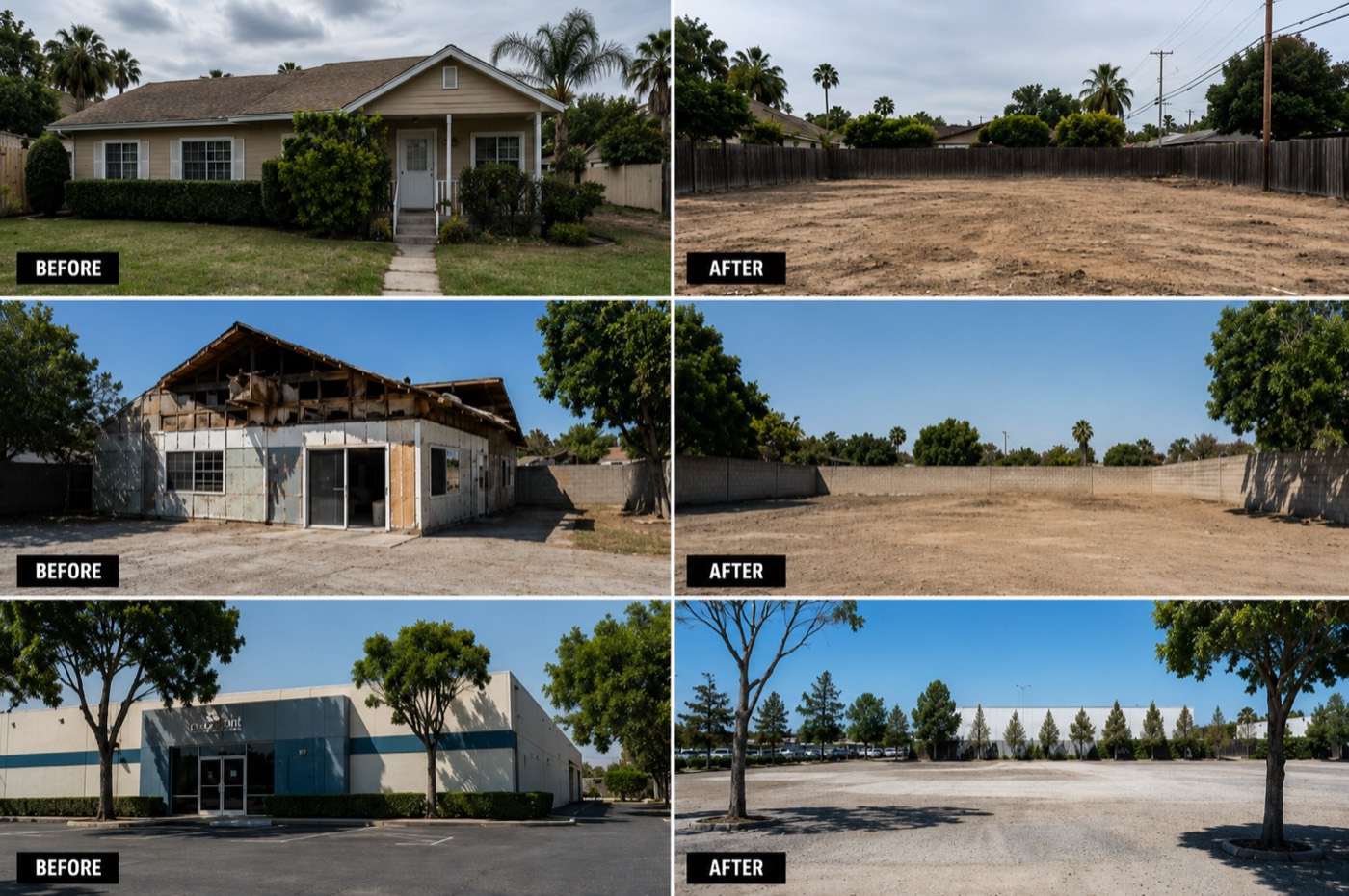 Before and after demolition in Brevard County, FL - houses and a commercial building cleared to graded dirt lots