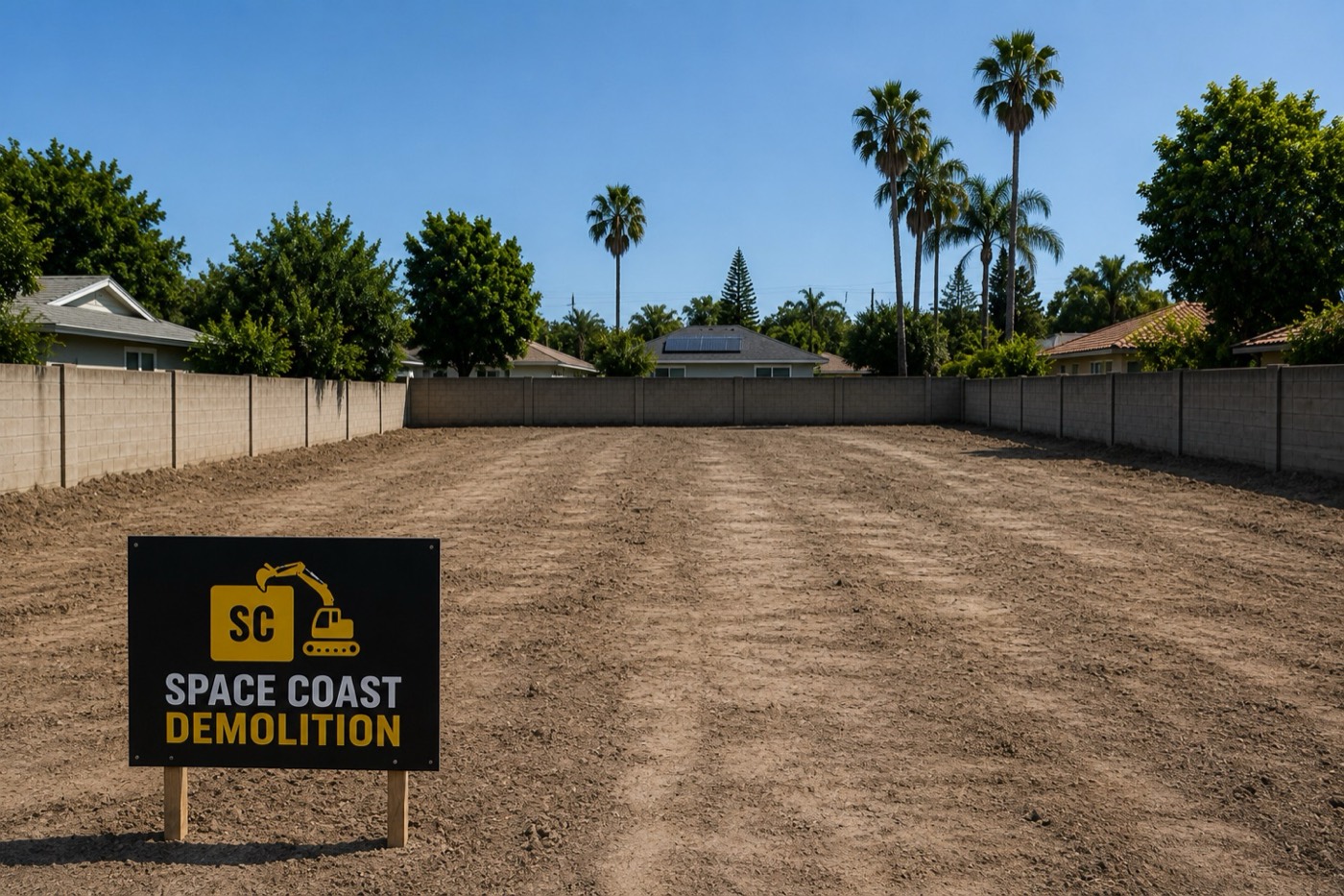 Cleared and graded lot with a Space Coast Demolition sign, ready to rebuild in Brevard County