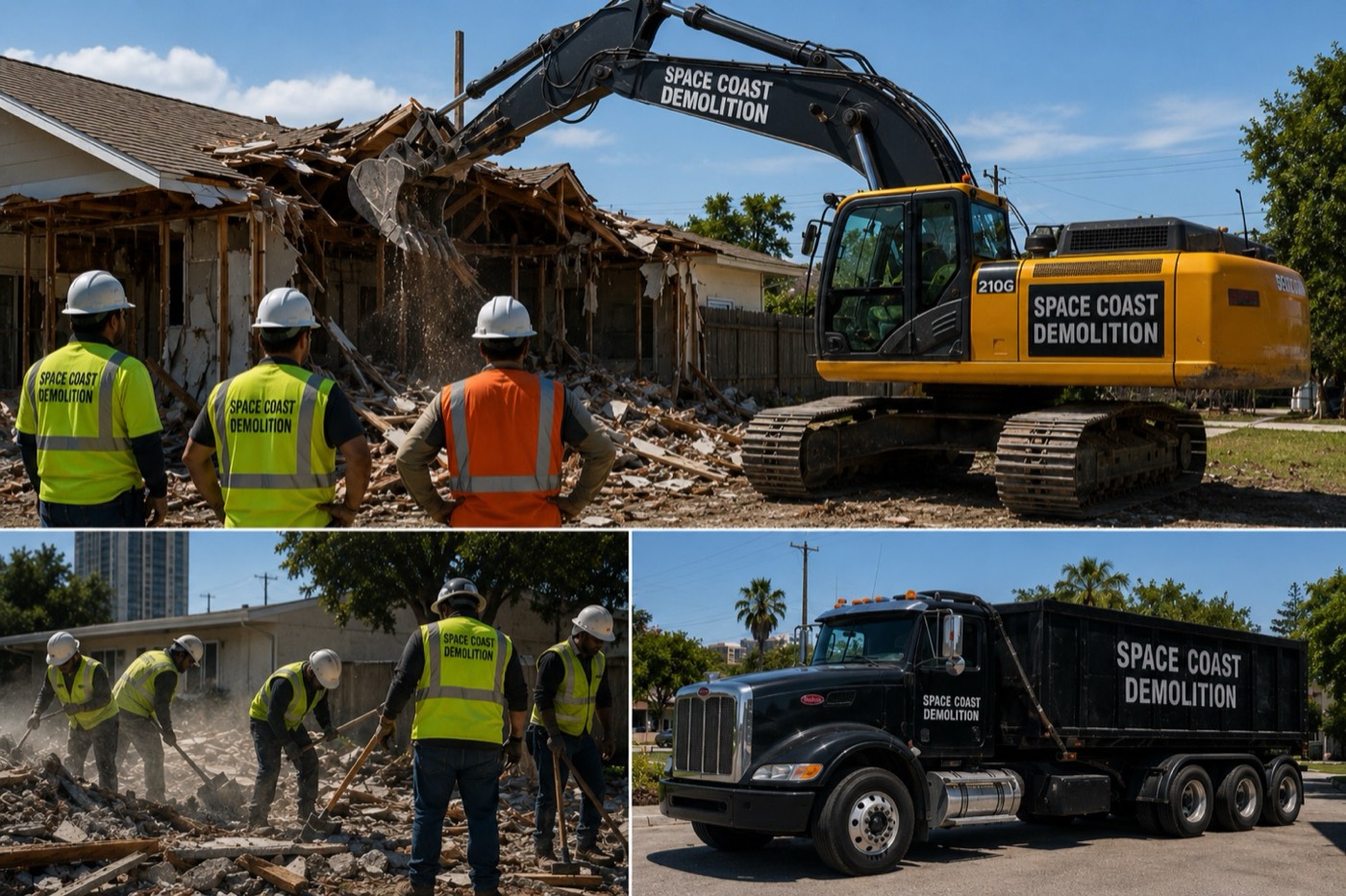 Space Coast Demolition crew and excavator on a residential demolition with branded haul-off truck