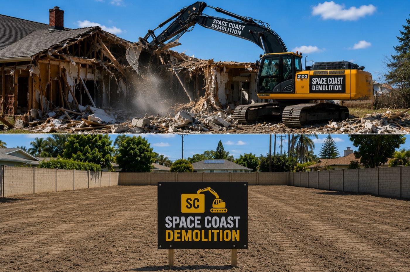 Space Coast Demolition excavator tearing down a Florida house, then the finished cleared lot